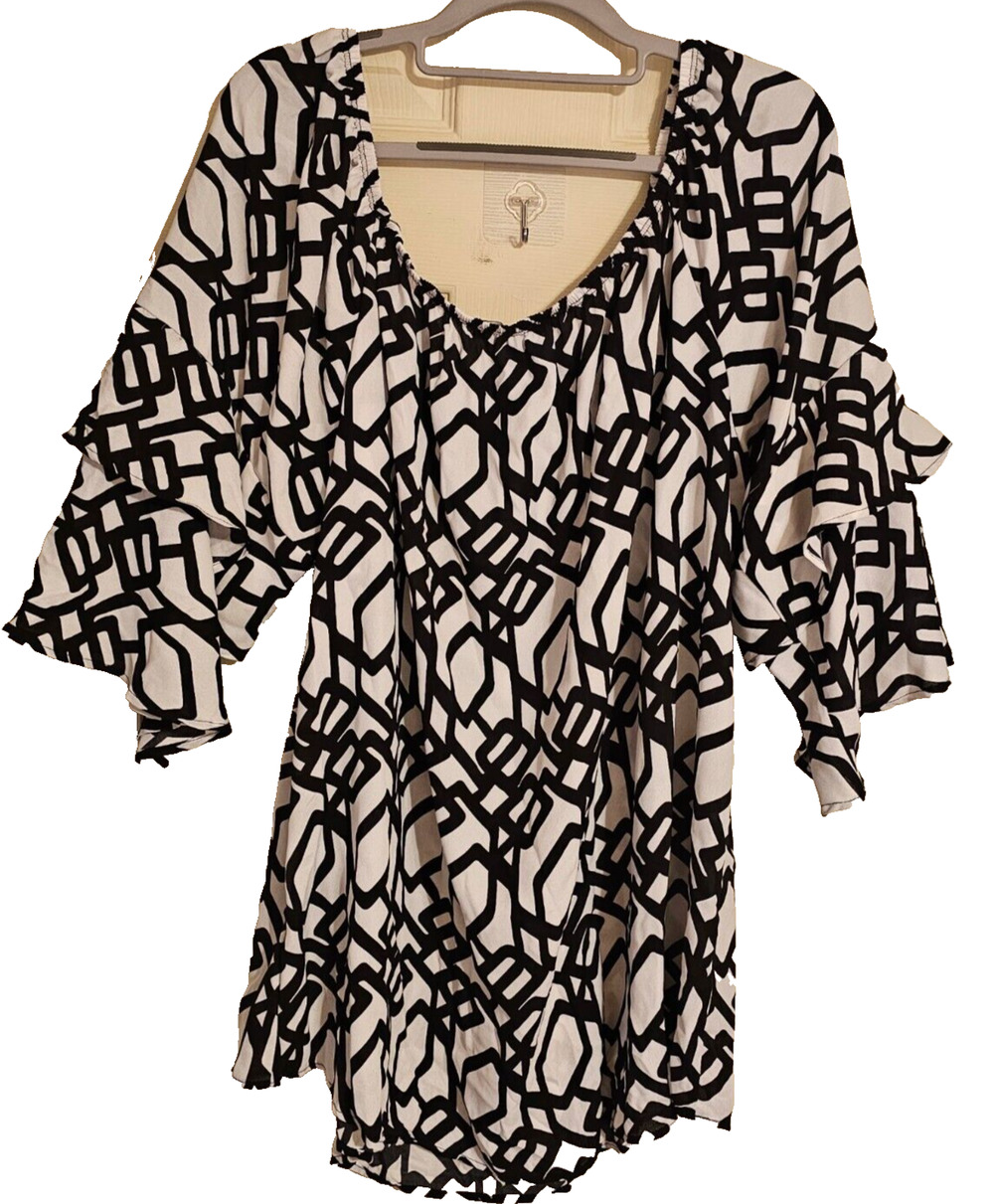 NWT Ashley Stewart Women's Plus 18/20 Black White Abstract Ruffle Sleeve Blouse